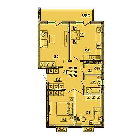 3 комнатная 75.7м²