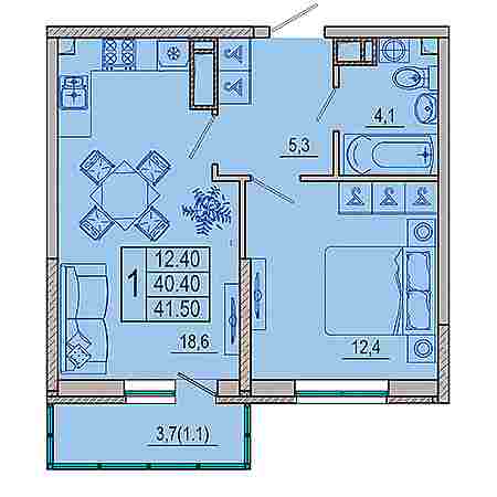 1 комнатная 41.5м²