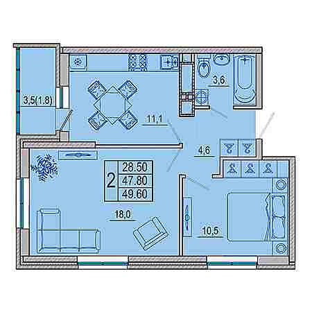 2 комнатная 49.6м²