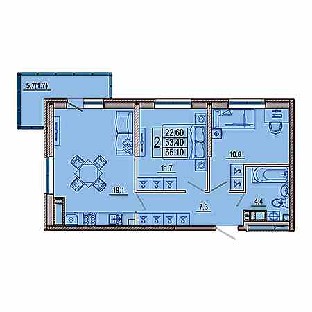 2 комнатная 55.1м²