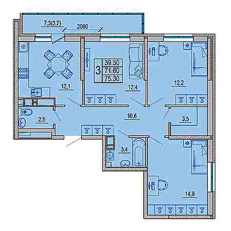 3 комнатная 75.3м²