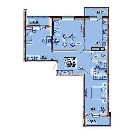 3 комнатная 81.7м²