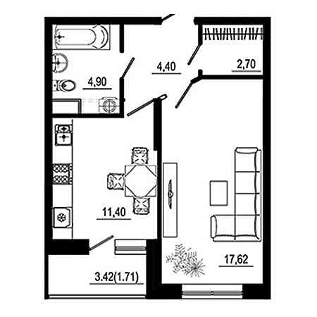 1 комнатная 42.73м²