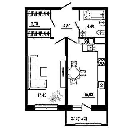 1 комнатная 46.1м²