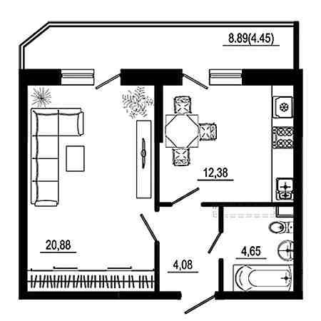 1 комнатная 46.44м²