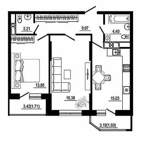 2 комнатная 66.38м²