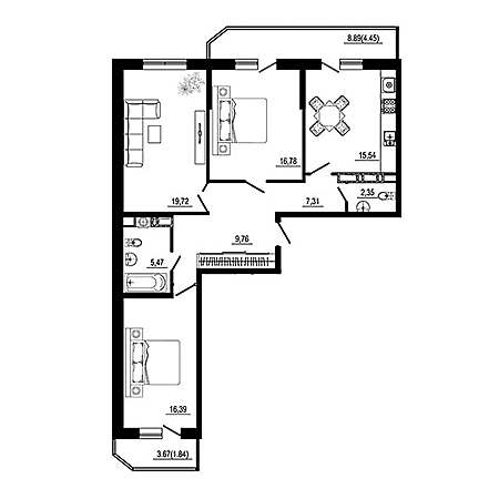 3 комнатная 99.61м²