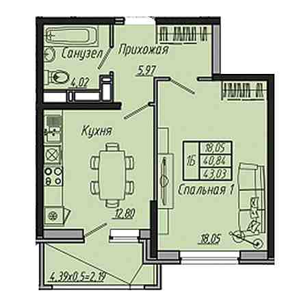 1 комнатная 43.03м²