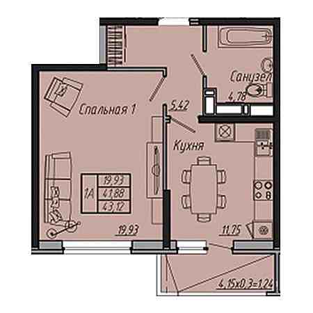 1 комнатная 43.12м²