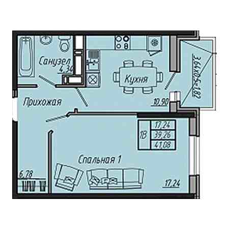 1 комнатная 41.08м²