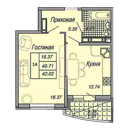 1 комнатная 42.02м²