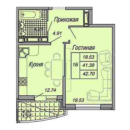 1 комнатная 42.7м²