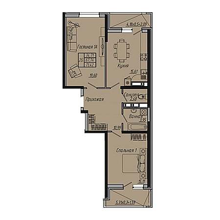 2 комнатная 71.42м²