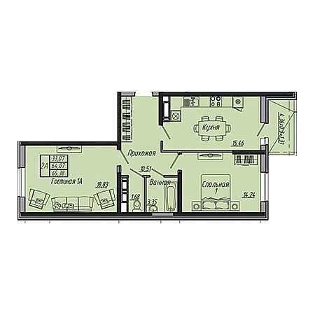 2 комнатная 65.38м²