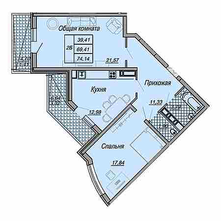 2 комнатная 74.14м²