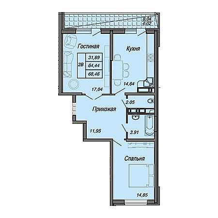 2 комнатная 68.46м²