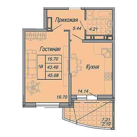 1 комнатная 45.68м²