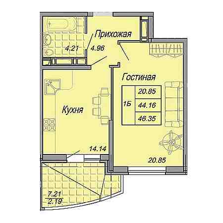 1 комнатная 46.35м²