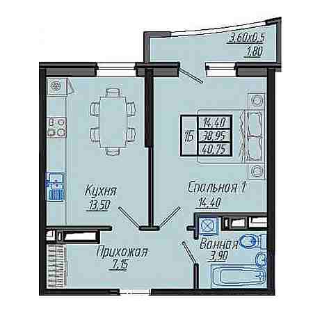 1 комнатная 40.75м²