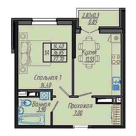 1 комнатная 37.7м²