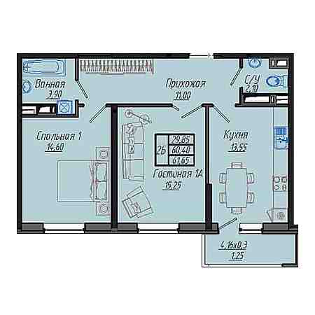 2 комнатная 61.65м²