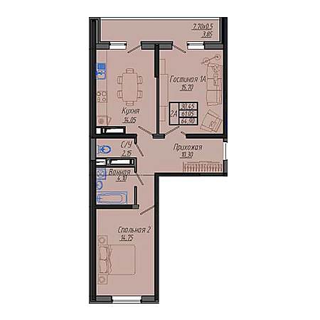 2 комнатная 64.9м²