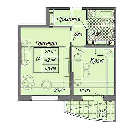 1 комнатная 43.64м²