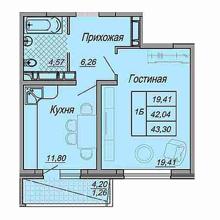 1 комнатная 43.3м²