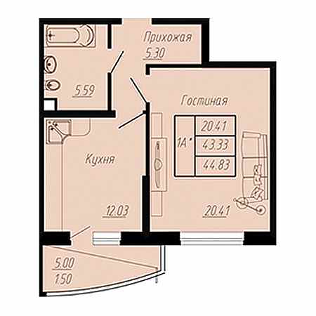 1 комнатная 44.83м²