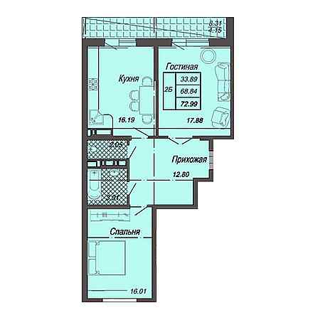 2 комнатная 72.88м²