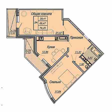 2 комнатная 74.2м²