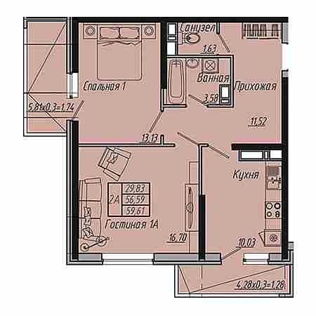 2 комнатная 59.61м²