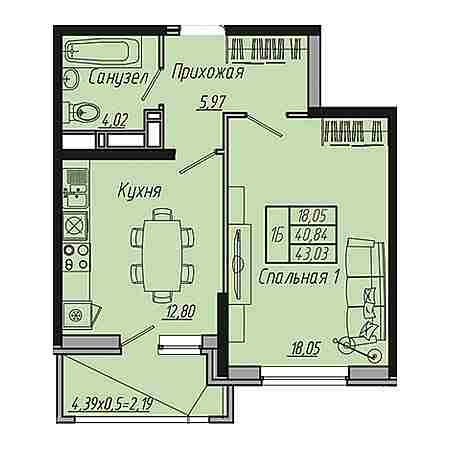 1 комнатная 43.03м²