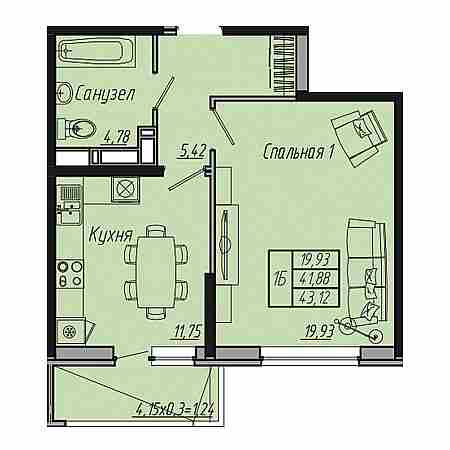 1 комнатная 43.12м²