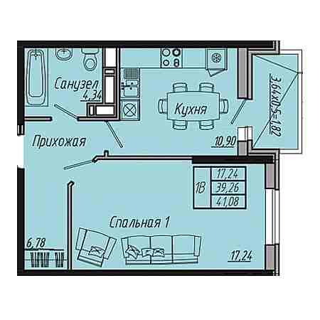 1 комнатная 41.08м²