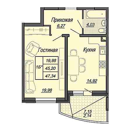 1 комнатная 47.34м²