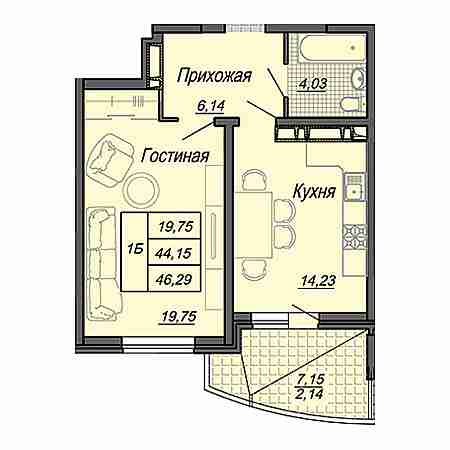 1 комнатная 46.29м²