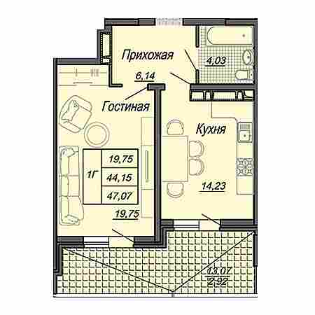 1 комнатная 47.07м²