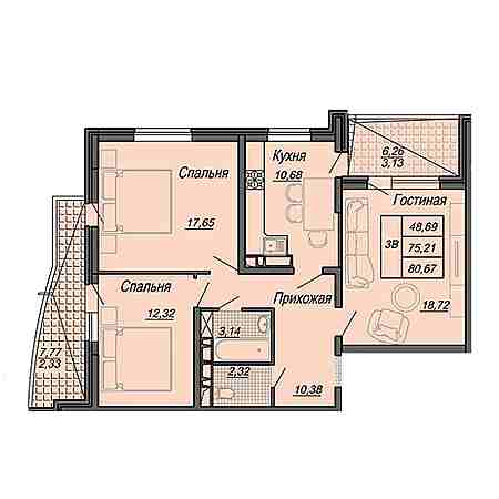 3 комнатная 80.67м²