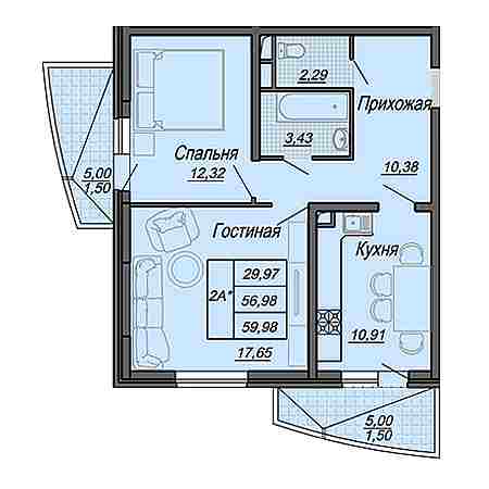 2 комнатная 59.98м²