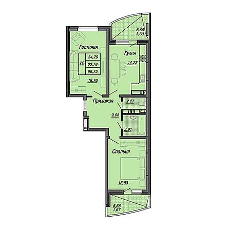 2 комнатная 68.75м²