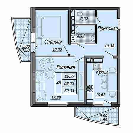 2 комнатная 59.33м²