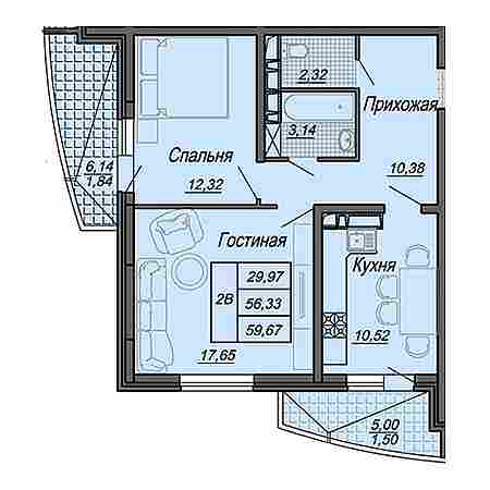 2 комнатная 59.67м²