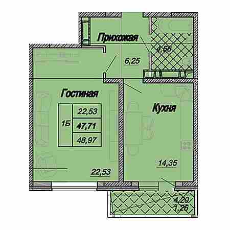 1 комнатная 48.97м²