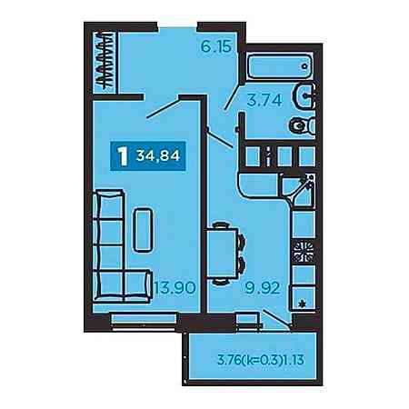 1 комнатная 34.82м²