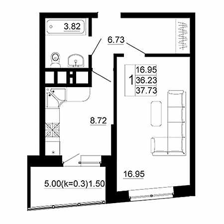 1 комнатная 37.73м²