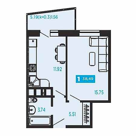 1 комнатная 38.49м²