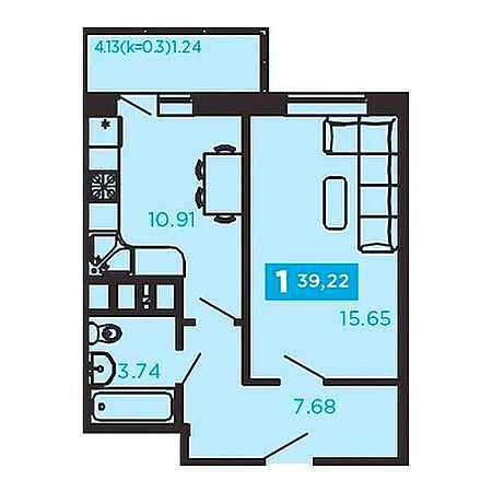 1 комнатная 39.22м²