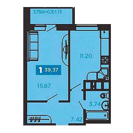 1 комнатная 39.37м²