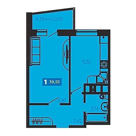 1 комнатная 39.55м²